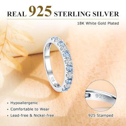 Bezel Set Birthstone Wedding Band 14K Gold Sterling Silver Stackable Half Eternity Band Rings 2.5mm Wide Ruby/Amethyst/Sapphire/Emerald Green/Aquamarine Ring for Women, Send Gift Box - style: 03-Created Aquamarine & CZ