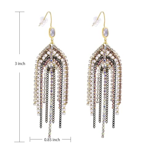 Fringe Dangling Tassel Earrings for Women, Handcrafted Chandelier Long Bohemian Beaded Cubic Zirconia Crystal Imitation Pearls Inlay Statement Boho Chain Hook Earrings for Wedding Party - color: Black