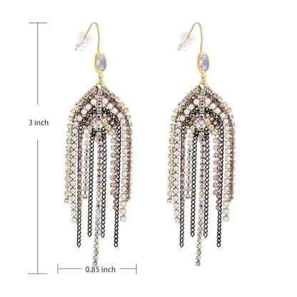 Fringe Dangling Tassel Earrings for Women, Handcrafted Chandelier Long Bohemian Beaded Cubic Zirconia Crystal Imitation Pearls Inlay Statement Boho Chain Hook Earrings for Wedding Party - color: Black