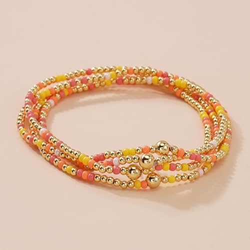 Seed Beaded Stack Bracelets Set for Women,Small Boho 4Pcs Colorful Handmade Dainty Trendy Gold Stretch Accessories Jewelry, Summer Daily Party Friendship Gift - color: Yellow