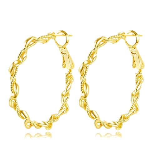14K Gold Braided Texture Hoop Earring, 32/40mm Twist Rope Design Round Hoop Earrings for Women Gold Jewelry Gifts for women - style: Braided Earrings-32mm