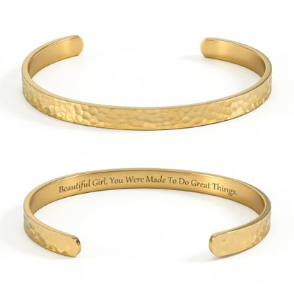 Inspirational Bible Verse Cuff Bracelet for Women, 18K Gold Plated Hammered Bangle, Christian Faith Jewelry Gift, Adjustable Non Tarnish - color: BEAUTIFUL G,YOU WERE MADE TO DO GREAT THINGS-Hammered Gold
