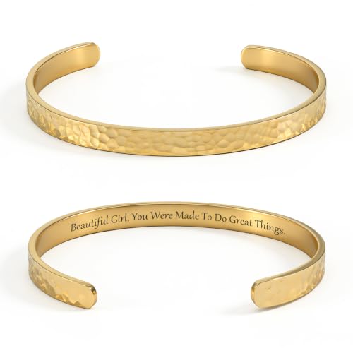 Inspirational Bible Verse Cuff Bracelet for Women, 18K Gold Plated Hammered Bangle, Christian Faith Jewelry Gift, Adjustable Non Tarnish - color: BEAUTIFUL G,YOU WERE MADE TO DO GREAT THINGS-Hammered Gold