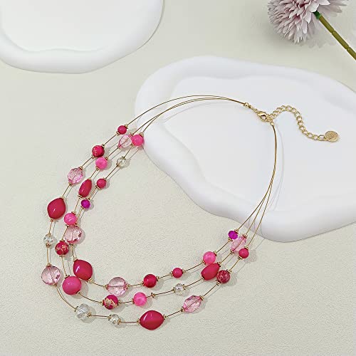 Coiris 3 Layers Illusion Wire Beaded Statement 19.5" Necklace for Women - color: N0005-Fuchsia Bud