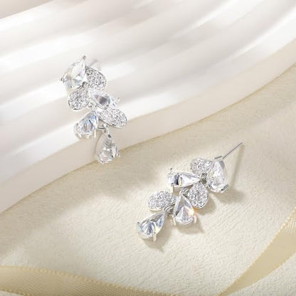Gemsme Bridal Wedding Earrings for Brides Bridesmaides, 925 Sterling Silver Posts hypoallergenic Cubic Zirconia stud,Drop & Dangle Earrings for Women Jewelry Gifts - color: White - Leaf Shape