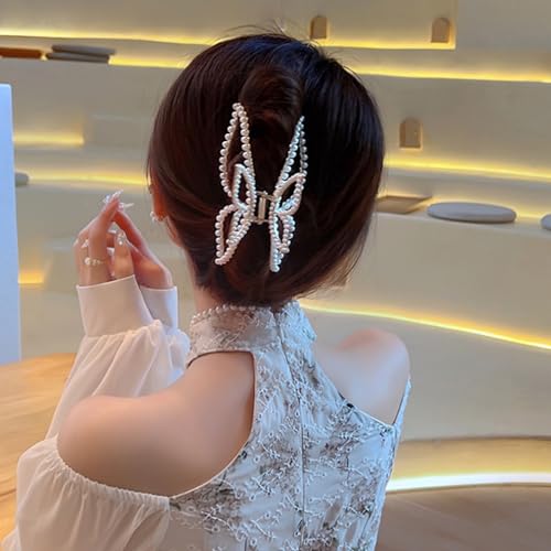 Butterfly Hair Clips Pearl Hair Claw Clip Large Spring Gold Butterfly Jaw Hair Clamps for Women Girls Non-slip Hair Barrettes Summer Hair Accessories for Thick or Thin Hair