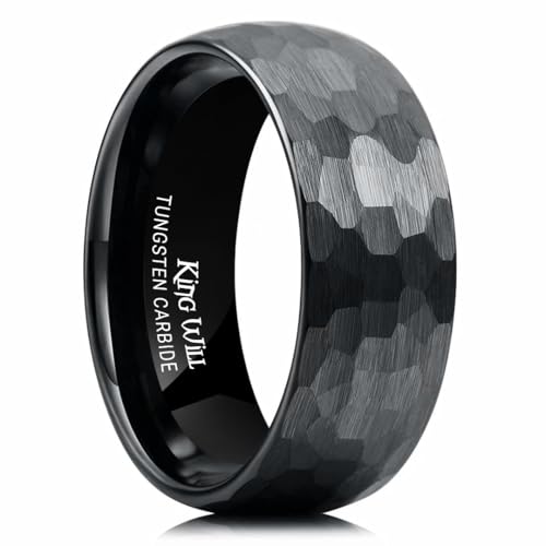 King Will Men's Tungsten Carbide Wedding Ring Hammered Groove Wedding Band Mens Two Tone Engagement Ring for Men and Women Matte Brushed Finish Comfort Fit - color: 8mm black