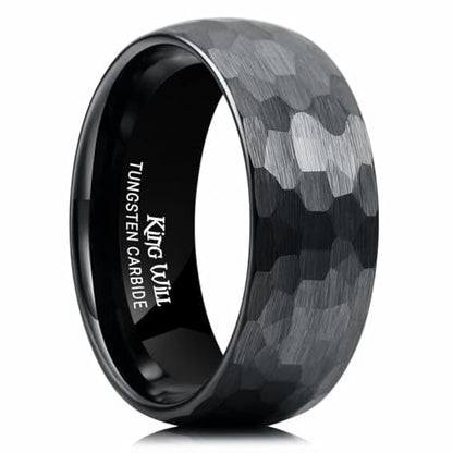 King Will Men's Tungsten Carbide Wedding Ring Hammered Groove Wedding Band Mens Two Tone Engagement Ring for Men and Women Matte Brushed Finish Comfort Fit - color: 8mm black