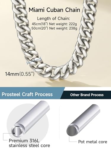 PROSTEEL Chunky Cuban Link Curb Chain Necklace for Women Men, Stainless Steel Choker Thick Trendy Statement Hip Hop Miami Cuban Chain Jewelry Gifts Unisex Size,5/12/14mm Widths,18"/20" - color: 14mm-Silver, size: 20inches