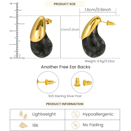 Chunky Resin Teardrop Earrings, 18K Gold Acrylic Resin Drop Hoops，Hypoallergenic Fashion Jewelry for Women,18K Gold Plated Resin Drop Earrings - color: Black
