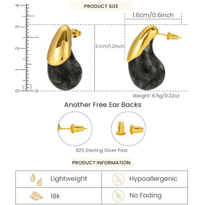 Chunky Resin Teardrop Earrings, 18K Gold Acrylic Resin Drop Hoops，Hypoallergenic Fashion Jewelry for Women,18K Gold Plated Resin Drop Earrings - color: Black