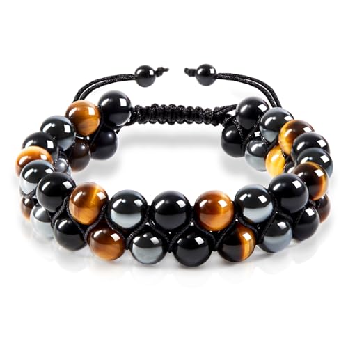 Triple Protection Bracelet for Men Women, Genuine Natural Stone Gemstone Beaded Bracelet, Tiger Eye Black Obsidian Hematite, Healing Crystal Jewelry for Protection, Grounding Energy, Gift-Ready Box