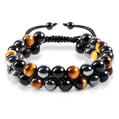 Triple Protection Bracelet for Men Women, Genuine Natural Stone Gemstone Beaded Bracelet, Tiger Eye Black Obsidian Hematite, Healing Crystal Jewelry for Protection, Grounding Energy, Gift-Ready Box