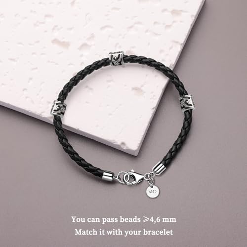 Leather Bracelet for Men Women 4MM Braided 925 silver Clasp 20/21/22cm with Jewelry Gift Box Handcrafted - color: Black, size: 7.8''