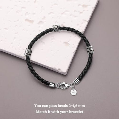 Leather Bracelet for Men Women 4MM Braided 925 silver Clasp 20/21/22cm with Jewelry Gift Box Handcrafted - color: Black, size: 7.8''