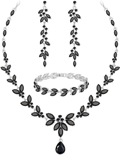 Paxuan Wedding Jewelry Sets for Bride Bridesmaid Bridal Jewelry Set for Women Wedding Crystal Necklace Earrings Bracelet Set for Party Prom Jewelry - color: Black - Silver