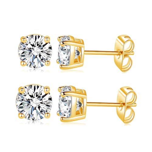 18K White/Yellow Gold Plated Stud Earrings for Men Women 4 Prong Graduated Round Clear Cubic Zirconia Hypoallergenic Earrings Set 3-8MM - color: Yellow Gold Plated, size: Pack-3/4MM