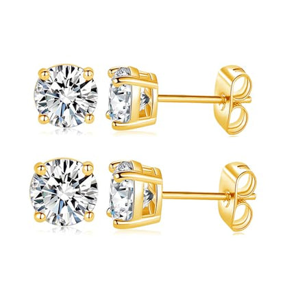 18K White/Yellow Gold Plated Stud Earrings for Men Women 4 Prong Graduated Round Clear Cubic Zirconia Hypoallergenic Earrings Set 3-8MM - color: Yellow Gold Plated, size: Pack-3/4MM