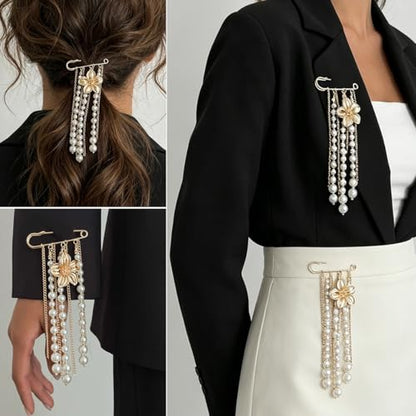 Gold Flower Pearl Tassel Brooch Pin for Women Elegant Pearl Chain Safety Pin Brooch Wedding Party Gift Dainty Elegant Lapel Pins Dress Suit Clothes Accessories - color: Gold