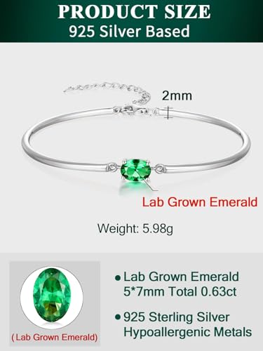 Moissanite/Sapphire/Ruby/Emerald Cuff Bracelet 1 Carat Oval Cut Center Stone Inlaid 925 Sterling Silver 14K Gold Plated Adjustable Birthstone Bangle for Women fit Wrist 5-7.5 Inch - color: Emerald Silver