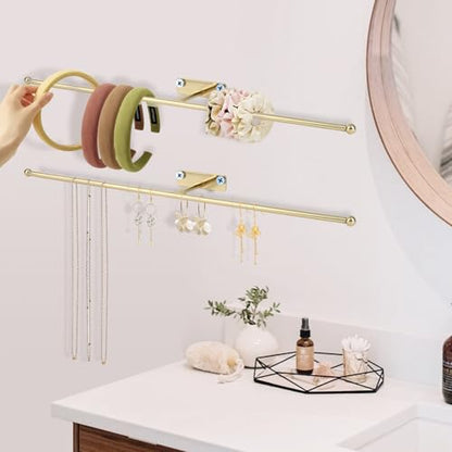 2-Pack Wall Hanging Jewelry Organizer, 14.5" Necklace Holder, Gold | For earrings, rings, bracelets, hairbands, glasses, space saving wall display, screws included - color: Gold
