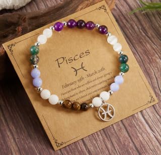 XAM 12 Zodiac Stone Beaded Bracelet - Natural Gemstone & Stainless Steel Charm Constellation Jewelry - color: A