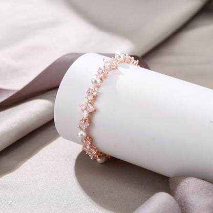 EVER FAITH Cubic Zirconia Pearl Bridal Prom Tennis Bracelet for Women | Elegant Pear CZ Wedding Jewelry Gift, for Bride Bridesmaid - style: Floral_Rose Gold-Plated-Brass