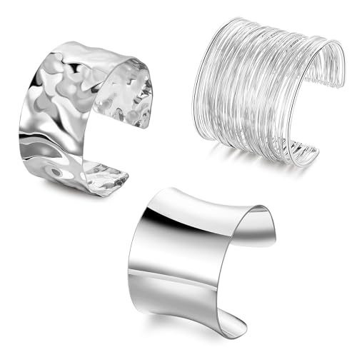 3Pcs Chunky Gold Cuff Bracelets Open Wide Bangle Bracelets Set for Women Minimalist Irregular Bracelet Statement Wrist Cuff Wrap Bracelet Jewelry - style: styleC silver