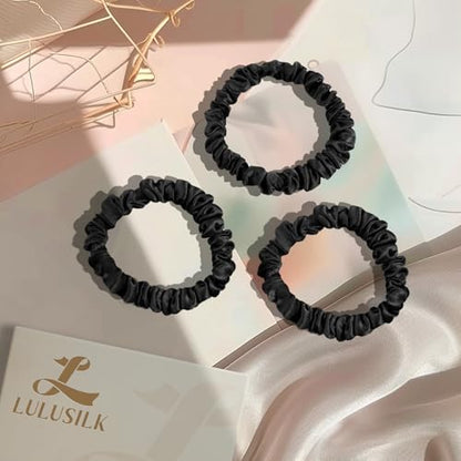 LULUSILK Small Silk Hair Ties No Damage, 100% Real Mulberry Silk, Skinny Scrunchies Ponytail Holders for Thin Fine Hair, Black, Pack of 3 - color: Black