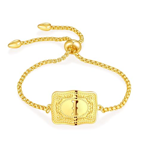 Belt Buckle Initial Bracelet for Women, 18K Gold/Silver Plated Belt Buckle Initial A-Z Bracelet, Unique Western Style Jewelry Gifts for Women Men - style: Gold-I