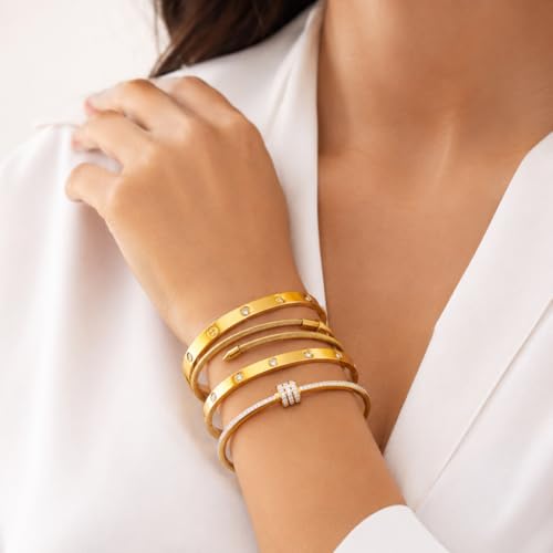 Gold Bangles for Women, 4 Pcs 18K Gold Plated Stainless Steel Stackable Bangle Bracelets, Non Tarnish CZ Bangles Set, Trendy Jewelry Gifts for Women - color: Gold-3