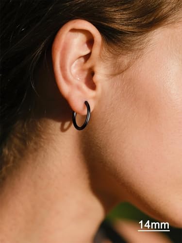 Small Hoop Earrings for Women 7-16mm Stainless Steel Huggie Earrings Lightweight - color: b. Black A, size: Diameter 14mm