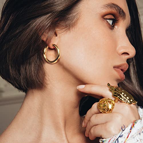 sovesi Chunky Hoop Earrings for Women, 14K Gold Plated Thick Hoops | 5mm Thick Hollow Tube Chunky Lightweight Hypoallergenic Hoop Earrings for Women - style: Gold 30MM