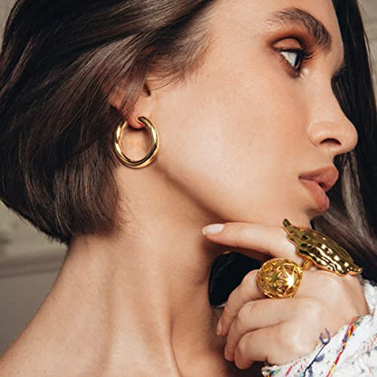 sovesi Chunky Hoop Earrings for Women, 14K Gold Plated Thick Hoops | 5mm Thick Hollow Tube Chunky Lightweight Hypoallergenic Hoop Earrings for Women - style: Gold 30MM