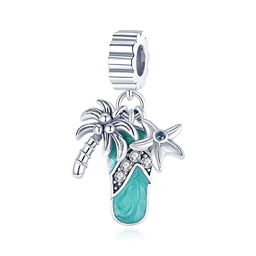 Pandach 925 Sterling Silver Charms for Bracelets and Necklaces Travel Round The World Beads Charms Relaxation Dangle Pendant,Jewelry Beads Gifts for Women - style: Beach coconut tree starfish slippers Charm