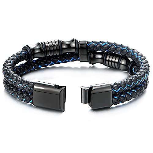 COOLSTEELANDBEYOND Mens Double-Row Braided Leather Bracelet Bangle Wristband with Black Stainless Steel Ornaments - color: H-Black Blue