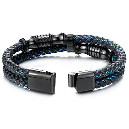 COOLSTEELANDBEYOND Mens Double-Row Braided Leather Bracelet Bangle Wristband with Black Stainless Steel Ornaments - color: H-Black Blue