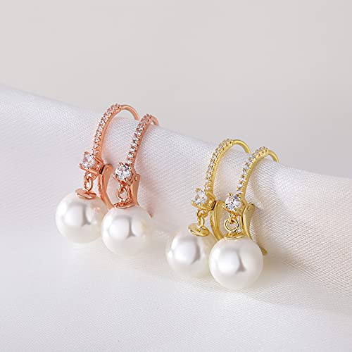 Pearl Dangle Drop Earrings for Women 925 Sterling Silver Pearl Leverback Earrings Cubic Zirconia Pearl Dangling Earrings 10MM - color: 3. Rose Color10mm