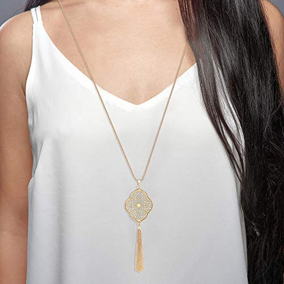 MOLOCH Long Necklaces For Woman Disk Circle Pendant Necklaces Tassel Fringe Necklace Set Statement Pendant - color: quatrefoil-shaped-gold