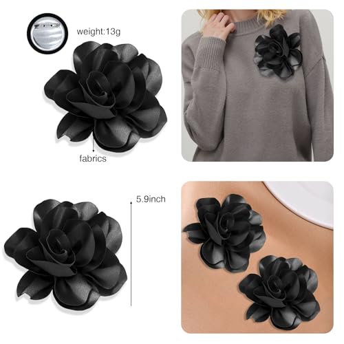 2Pack 6inch Extra Large Satin Brooches Lapel Pins Dainty Elegant Fabric Camellia Rose Flower Brooch Pin for Women Wedding Part Dance Clothes Accessories Jewelry - color: Black