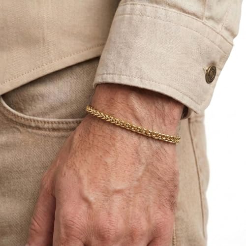 Mens Bracelet - Stainless Steel, Non Tarnish Rope Chain Bracelets, Stylish Fathers Day Gift for Dad, Husband, Boyfriend. - color: Single Gold