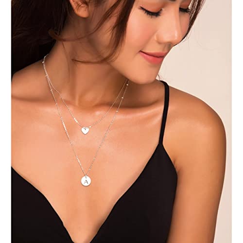 Layered Initial Choker Necklaces Handmade 14K Gold Plated Dainty Heart Personalized Letter Disc Pendant Layering Gold Necklaces for Women Gift Jewelry,Valentines Day Gifts for Mom Wife Girlfriend - style: T-Silver