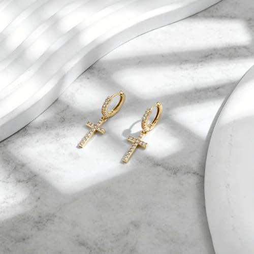 NEWITIN CZ Cross Earrings for Men Women 14K Gold Plated Huggie Hoop Earring | Hypoallergenic, 5A+ Cubic Zirconia, Cartilage Earring, Sensitive Ears, Silver Gold, Men Hoops Dangling, Cross Diamond Earring - color: Gold B