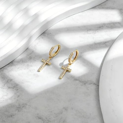 NEWITIN CZ Cross Earrings for Men Women 14K Gold Plated Huggie Hoop Earring | Hypoallergenic, 5A+ Cubic Zirconia, Cartilage Earring, Sensitive Ears, Silver Gold, Men Hoops Dangling, Cross Diamond Earring - color: Gold B
