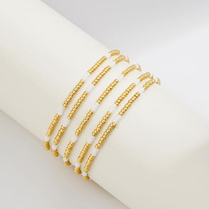 Dainty Gold Plated Pearl Crystal Beaded Bracelets Set for Women 14K Gold Plated Bead Pearl Beads Bracelet Stackable Paperclip Link Chain Bracelets Gold Plated Bracelets for Women Trendy Jewelry - color: Style10-Gold&White 5pcs