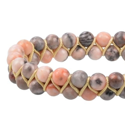 MASSIVE BEADS Double Layer Natural Chakra Healing Power Crystals Macrame Bracelet Yoga Stone Beads Gemstone Meditation Relax Anxiety Bangle for Unisex Women Men - color: Pink Zebra Jasper, size: 4mm