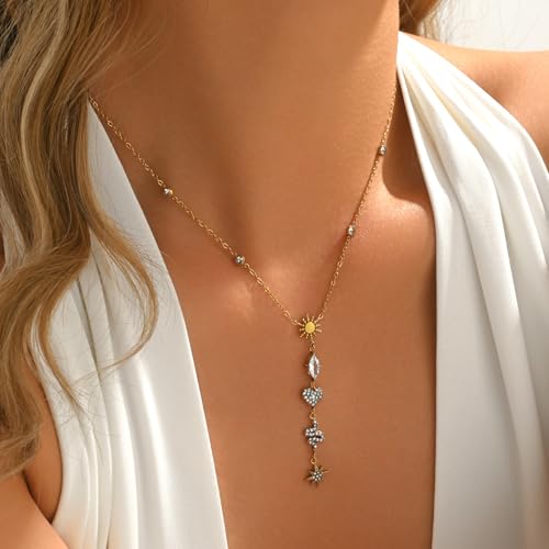 Lariat Necklaces for Women 18K Gold Plated Cubic Zirconia Heart Necklaces Dainty Star Lightning Sun and Moon Necklace Trendy Y Shaped Drop Diamond Necklace - color: Sun Heart Snake Star Y Necklace-Gold