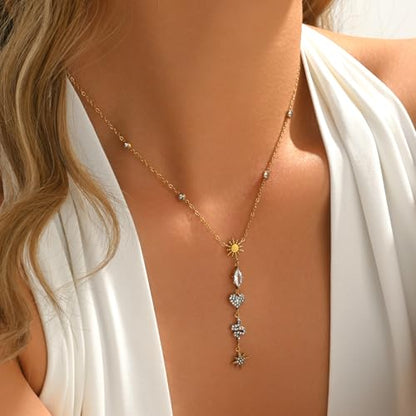 Lariat Necklaces for Women 18K Gold Plated Cubic Zirconia Heart Necklaces Dainty Star Lightning Sun and Moon Necklace Trendy Y Shaped Drop Diamond Necklace - color: Sun Heart Snake Star Y Necklace-Gold