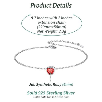 ChicSilver 925 Sterling Silver Anklets for Women, Simple Dainty Round/Heart Birthstone Ankle Bracelet Beach Foot Jewelry, 8.7-10.7 Inch Adjustable - color: 07. Heart - July(Ruby)