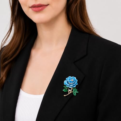 Gradient Purple Rose Flower Brooch Enamel Crystal Floral Lapel Pin Gold Tone Elegant Brooch for Women Suit Coat Scarf Accessory - color: Blue